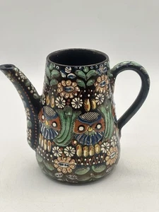 Swiss Thoune Pottery 20oz Chocolate Pot Majolica Style Owl Earthenware Design - Picture 1 of 13