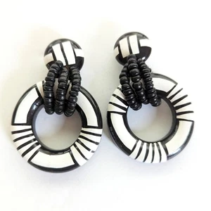 Vintage Boho Ethnic Tribal Wood Beaded Chunky Black White Statement Earrings - Picture 1 of 3