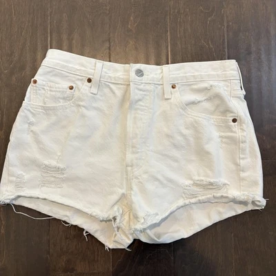 Levis 501 Original Shorts Womens 32 White Denim Distressed Button Fly Frayed Hem - Image 1 of 4