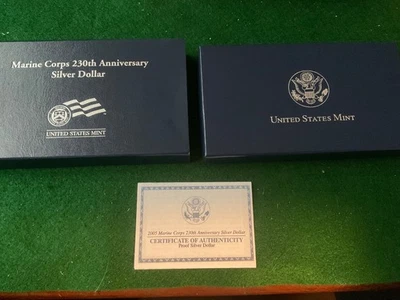 Silver Proof Marine Corps 230th Anniversary Silver Dollar with COA - R40 - Image 1 of 4