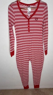 Victoria’s Secret Pink Thermal One Pc Pajama Red White Stripped Logo Sz M NWT - Image 1 of 4