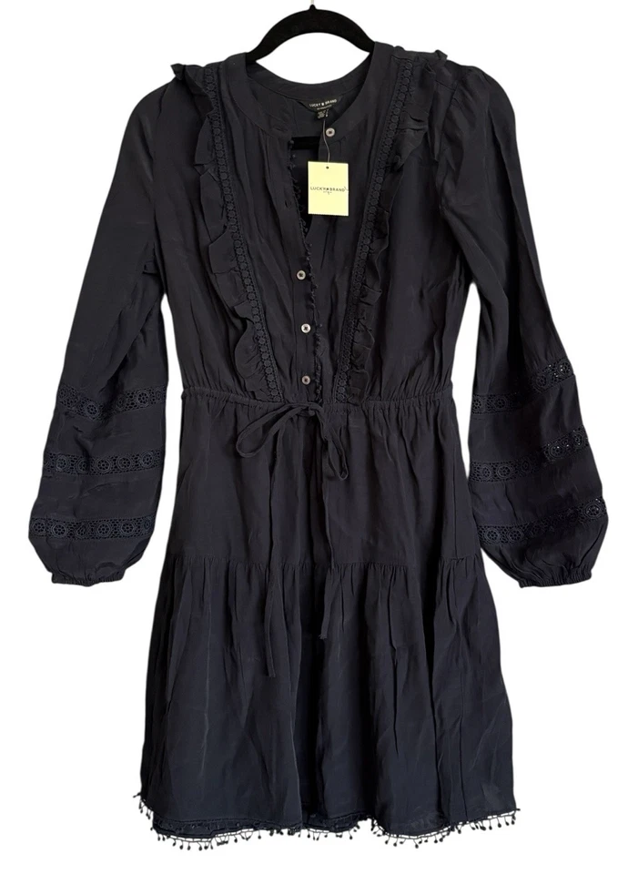 Lucky BRAND Parker Dress Size Small Navy Blue Long Sleeve Ruffle Fit and Flare