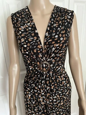 全新带标签 Anne Klein S 黑色棕色印花低剪 V 领弹力无袖连衣裙 — 第 1/4 张图片