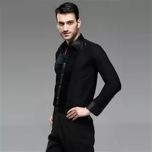 Uomo Velluto Danza Camicia Latino Moderno Samba Salsa Top Danza Pratica Nero - Foto 1 di 4