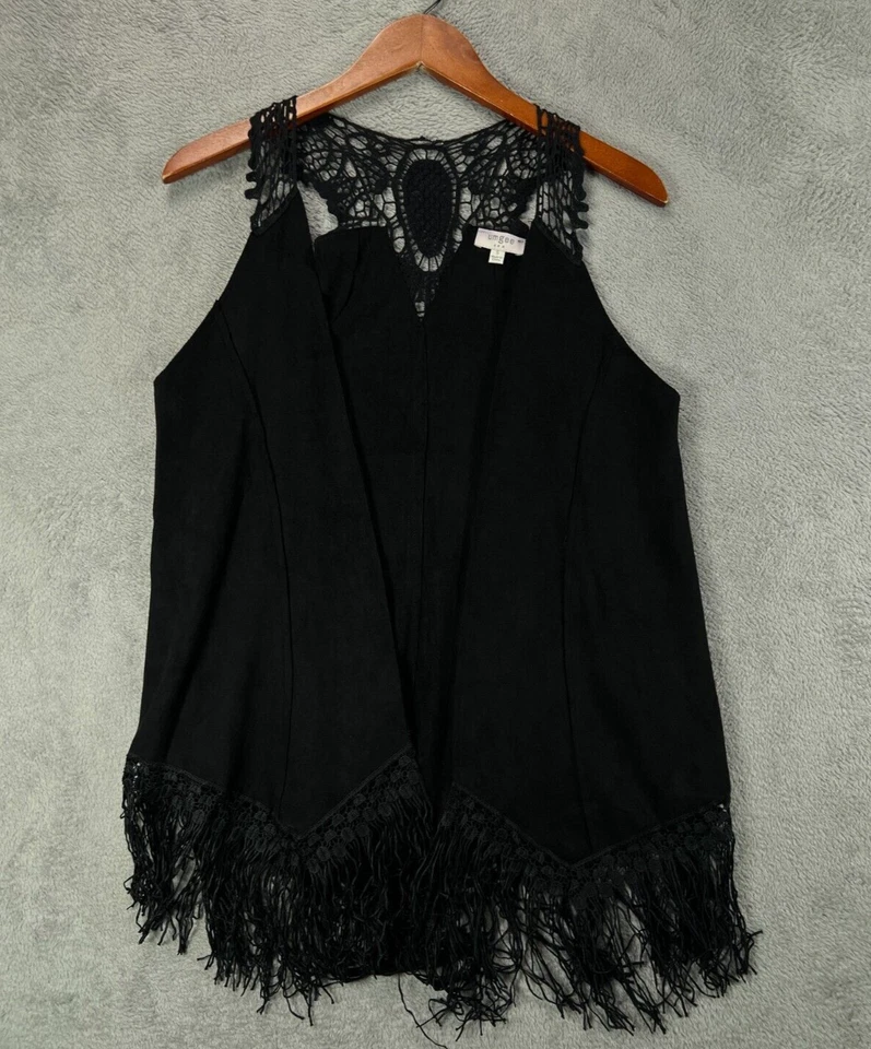 Chaleco boho UMGEE negro imitación gamuza ribete de encaje pequeño para mujer chalecos festival boho tops Foto 1 de 4
