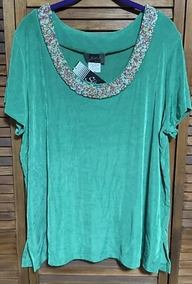 Top túnica Slinky Brand para mujer 2X en hermoso escote con cuentas verde y pastel nuevo con etiquetas Foto 1 de 4