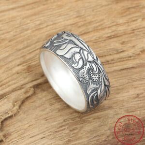 Real 990 Sterling Silver Lotus Band Ring Jewelry for Women Men Size 7.5-10 Punk