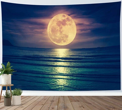 Nature Scenery Ocean Full Moon Tapestry Wall Hanging for Living Room Bedroom - Image 1 of 4