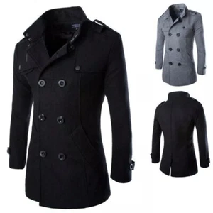 Zweireihiger Herren-Trenchcoat Wollmischung schmale Passform Langarm Freizeitjacke - Bild 1 von 8