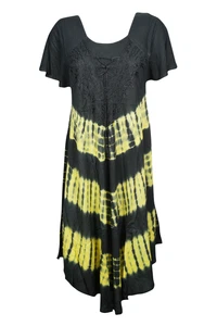 Yellow,Black Tie Dye Loose Dress Asymmetrical Summer Style Cover Up Dresses L