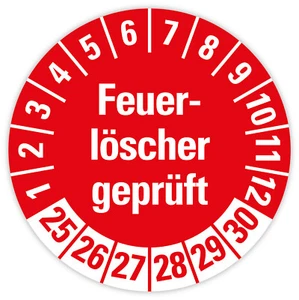 25x Prüfplaketten „Feuerlöscher geprüft 2025-2030" auf Bogen, Rot | Ø 20-30 mm - Bild 1 von 1