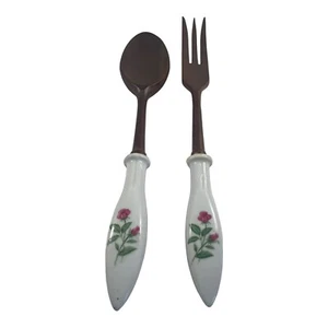 Set Vintage Holz Salatgabel Löffel Keramikgriffe rosa Rosen - Bild 1 von 7