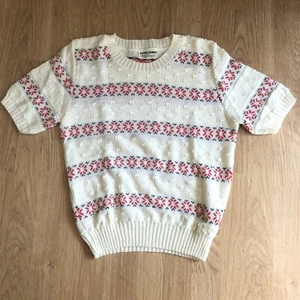 Vtg Alfred Dunner Fair Isle Acrylic Sweater Blouse Cream Red Navy Large USA 80s - Picture 1 of 7