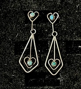 Vtg Native American Zuni Sterling Heart Dangle Turquoise Trading Post Earrings - Picture 1 of 3