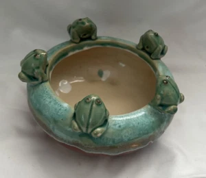 Majolica Style Round Pottery Planter 5 Frogs Bowl Turquoise Brown Drip Glaze - Picture 1 of 8
