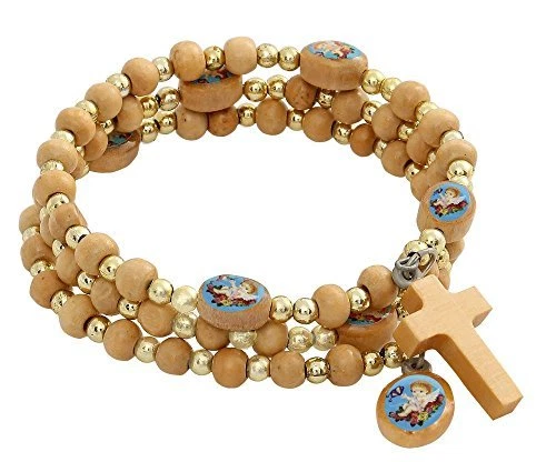 New Blue Guardian Angel Bracelet Bangle Wood Spiral Rosary, Gold Color Spacer - Image 1 of 1