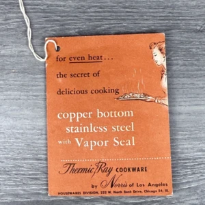 Vtg 1946 Cookware Brochure Tag Thermic Ray Stainless Steel Cookware Small 4"H - Picture 1 of 8