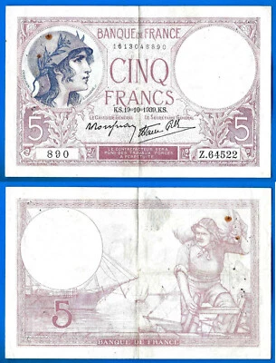 France 5 Francs 1939 19 October Serie Z Europe Frcs Frs Free Shiping Worldwide - Image 1 of 3