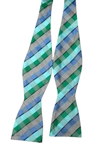The Tie Bar Bow Tie Silk Self Tie 2" Blue Green Gray Shadow Plaid Stripe - Picture 1 of 8