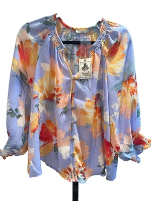 New Easel Women’s Top Floral V Neck Semi Sheer Ruffle Long Sleeve Boho Medium - Image 1 of 4