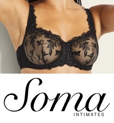 SOMA Sensuous Lace Unlined UW Bra BLACK Sheer Embroidered 34DDD NEW $69 - Image 1 of 4