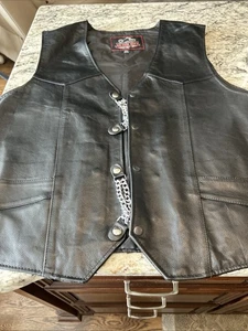 Men's SILVER BIKE Black Leather Motorcycle Moto Biker Vest W/Pockets Size 6XL - Picture 1 of 6