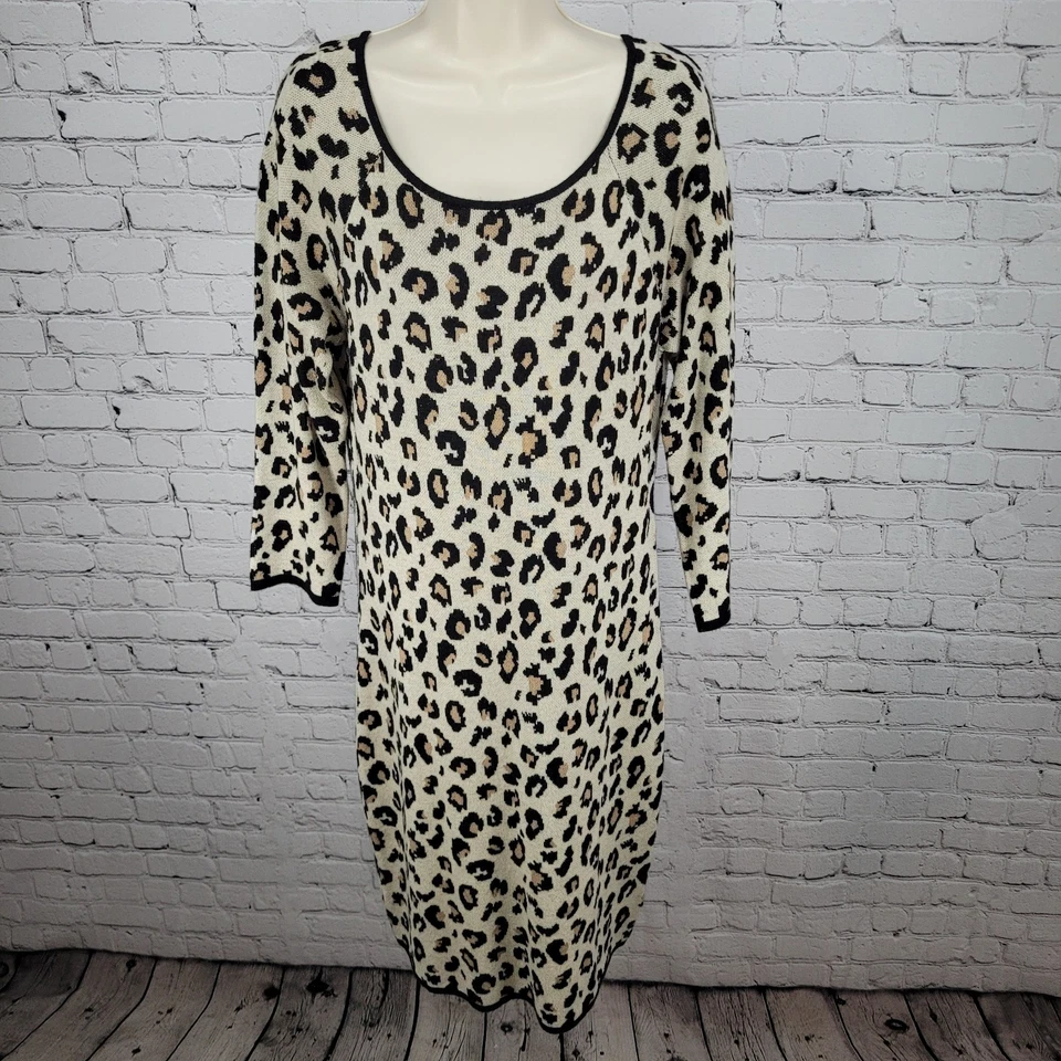 Vestido Suéter Terciopelo Beige Leopardo Mezcla Cachemira Tejido Manga Larga Talla Grande L Foto 1 de 4