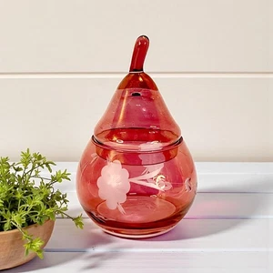 Vintage irisierende Cranberry Glas bedeckt Birne Schale geätzt mattiert Blumen Deckel 5,5" - Bild 1 von 11