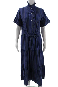 Mille Resort & Travel Womens Cotton Striped Ruffle Short Sleeve Dress Blue Sz S - Picture 1 of 6