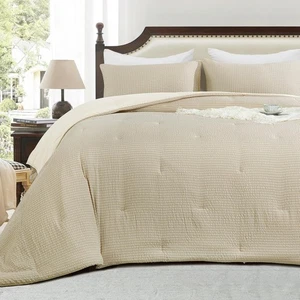 Juego de edredón Seersucker King de gran tamaño 98x120 para hombre de 3 piezas, beige transpirable - Imagen 1 de 9