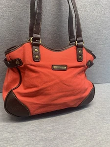 Caribbean Joe Red Purse Tote Shoulder Travel Bag Canvas Brown Accents - Picture 1 of 13