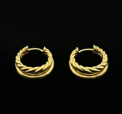 18k Yellow Gold David Yurman Double Hoop Twisted Huggie Earrings 10.7g - Image 1 of 4