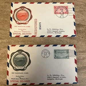 1937 2 China clipper Covers First Day Issues 1 Registered 1 Not DC To Michigan  - Picture 1 of 10