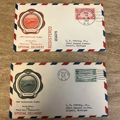 1937 2 China clipper Covers First Day Issues 1 Registered 1 Not DC To Michigan  - Image 1 of 4