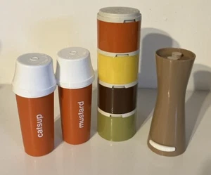 TUPPERWARE Catsup/Ketchup Mustard+Stacking Spice Shakers+FOLEY~2'n'1 S/P~MCM VTG - Picture 1 of 8