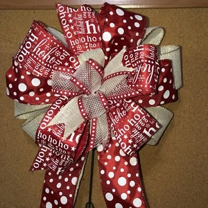 Christmas Tree Topper 10" with 14" Tails Red/White Multi Ribbon Bow Handmade New - Picture 1 of 6