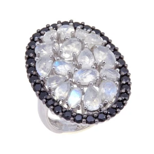 Rarities Sterling Silver Rainbow Moonstone Black Spinel Cocktail Ring Size 7 - Picture 1 of 3