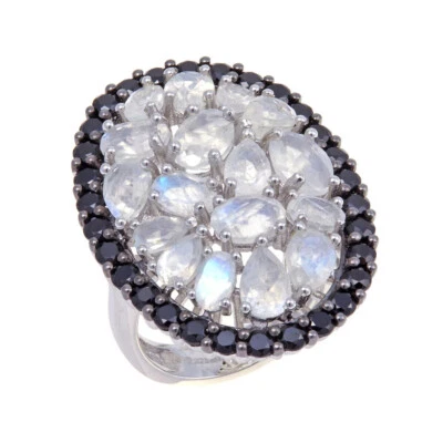 Rarities Sterling Silver Rainbow Moonstone Black Spinel Cocktail Ring Size 6 - Image 1 of 3