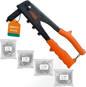 Heavy Hand Riveter Rivet Gun Professional Pop Rivet Gun Kit with 200pcs Rivets - Picture 1 of 6