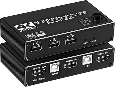 HDMI KVM Switch, 4K@60Hz USB Switch 2x1 HDMI2.0 Ports + 3X USB KVM Ports, Share  - Image 1 of 4