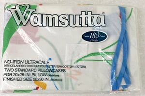 WAMSUTTA No Iron Ultracale 2 Standard Pillow Cases Tulips Floral Blue Trim NEW - Picture 1 of 5