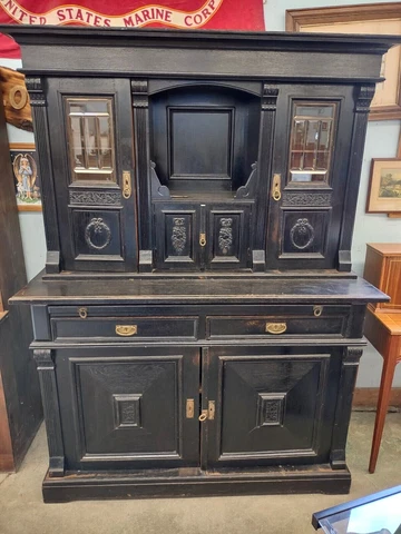 Antique Georgian Period Hutch Cabinet Beveled Glass Cover