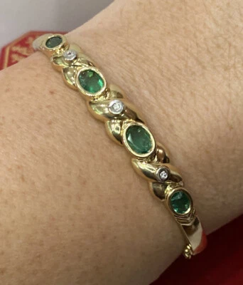 RARE 14k Yellow Gold Oval Emerald Diamond Bangle XO Vintage Cuff Estate Bracelet — 第 1/4 张图片