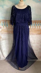 Dress 16 18 Navy Blue Sequin Beaded Ballgown Prom Fishtail Stretch Art Deco 1920 - Picture 1 of 9