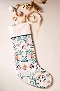 NWT ANTHROPOLOGIE LYA WOODLAND FOX PRINT VELVET CHRISTMAS HOLIDAY STOCKING IVORY - Picture 1 of 5