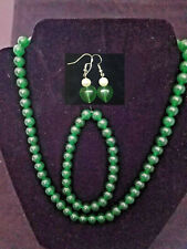 Natural 8mm Round Green Jade Beads Necklace 18" +Bracelet 7.5" +Earrings Set AAA