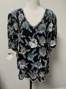 Women Laurence Kazar Sequin Beaded Colorful Flower Silk Black Formal Top Size XL - Picture 1 of 12