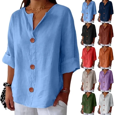 Womens V-neck Button Tee Tops 3/4 Sleeve Shirts Loose Pullover  Blouse PLUS SIZE - image 1 of 4