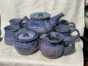 Cliff Losee Vintage Studio Art pottery 7pc Tea Set blue Teapot Mugs Maryland - Picture 1 of 18