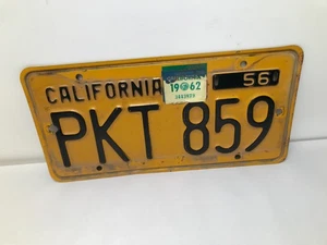 Vintage California Single License Plate 1956; PKT859 Yellow; Black 1962 Tag - Picture 1 of 1
